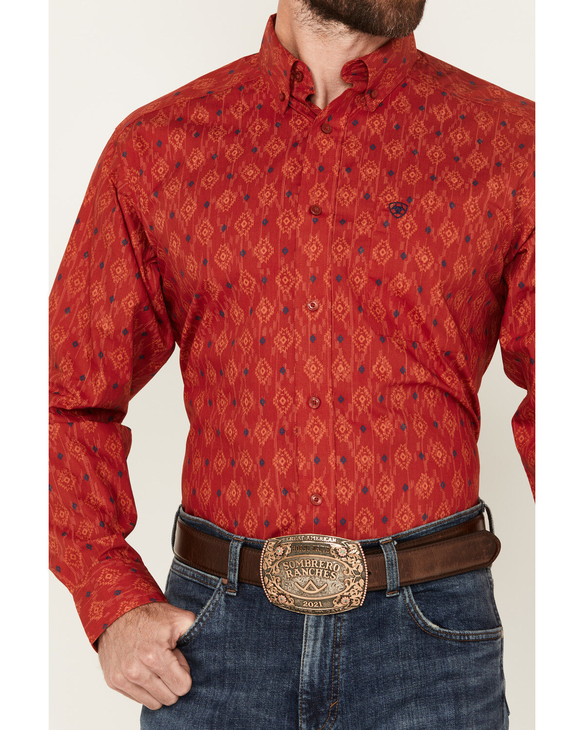 Image #3 - Ariat Men's Parsons Southwestern Print Long Sleeve Button-Down Western Shirt, Red, hi-res