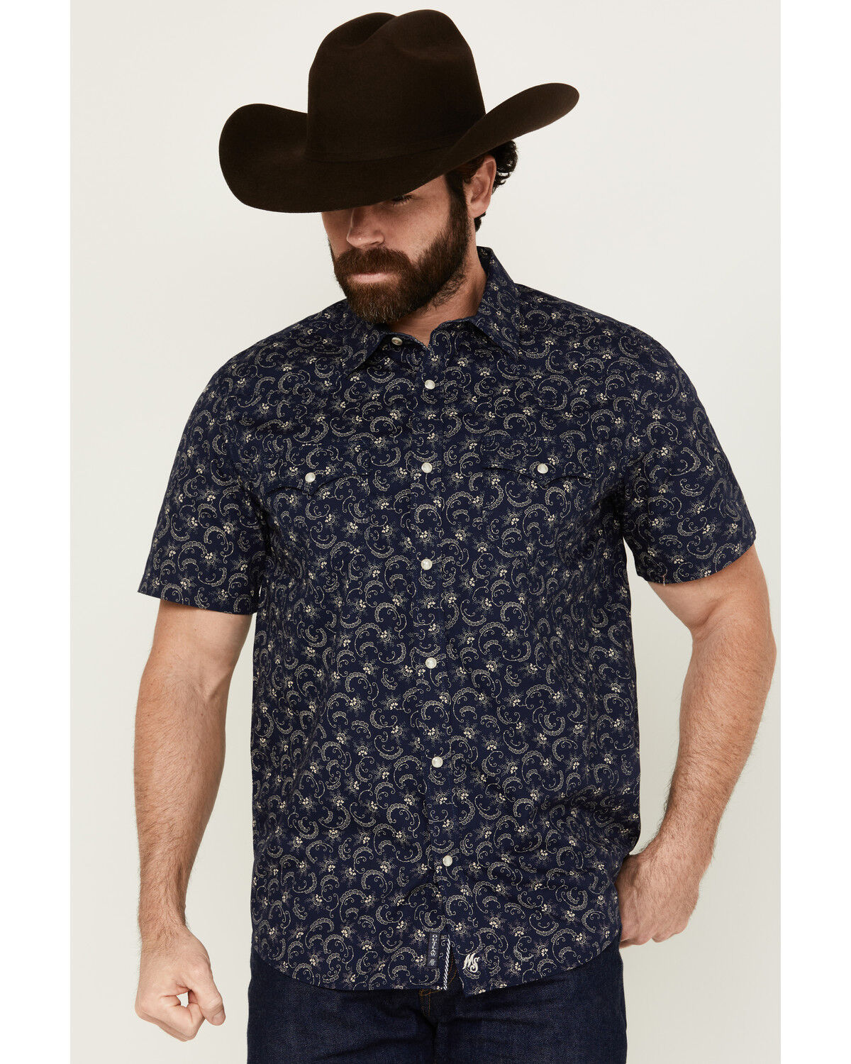 Image #1 - Moonshine Spirit Men's On Tour Floral Paisley Print Short Sleeve Snap Western Shirt, Blue, hi-res