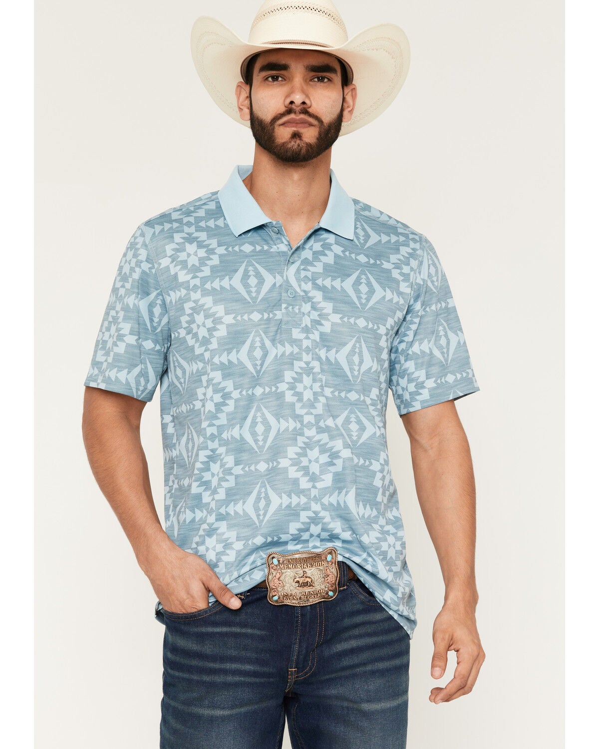 Image #1 - RANK 45&reg; Men's Southwestern Print Short Sleeve Button-Down Polo Shirt, Grey, hi-res