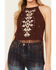 Image #3 - Shyanne Women's Embroidered Fringe Hem Crinkle Top, Dark Brown, hi-res