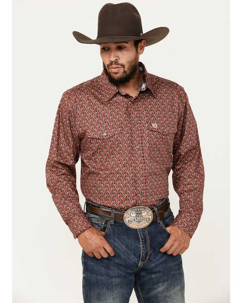 Image #1 - Panhandle Men's Select Paisley Print Long Sleeve Snap Western Shirt, Dark Red, hi-res
