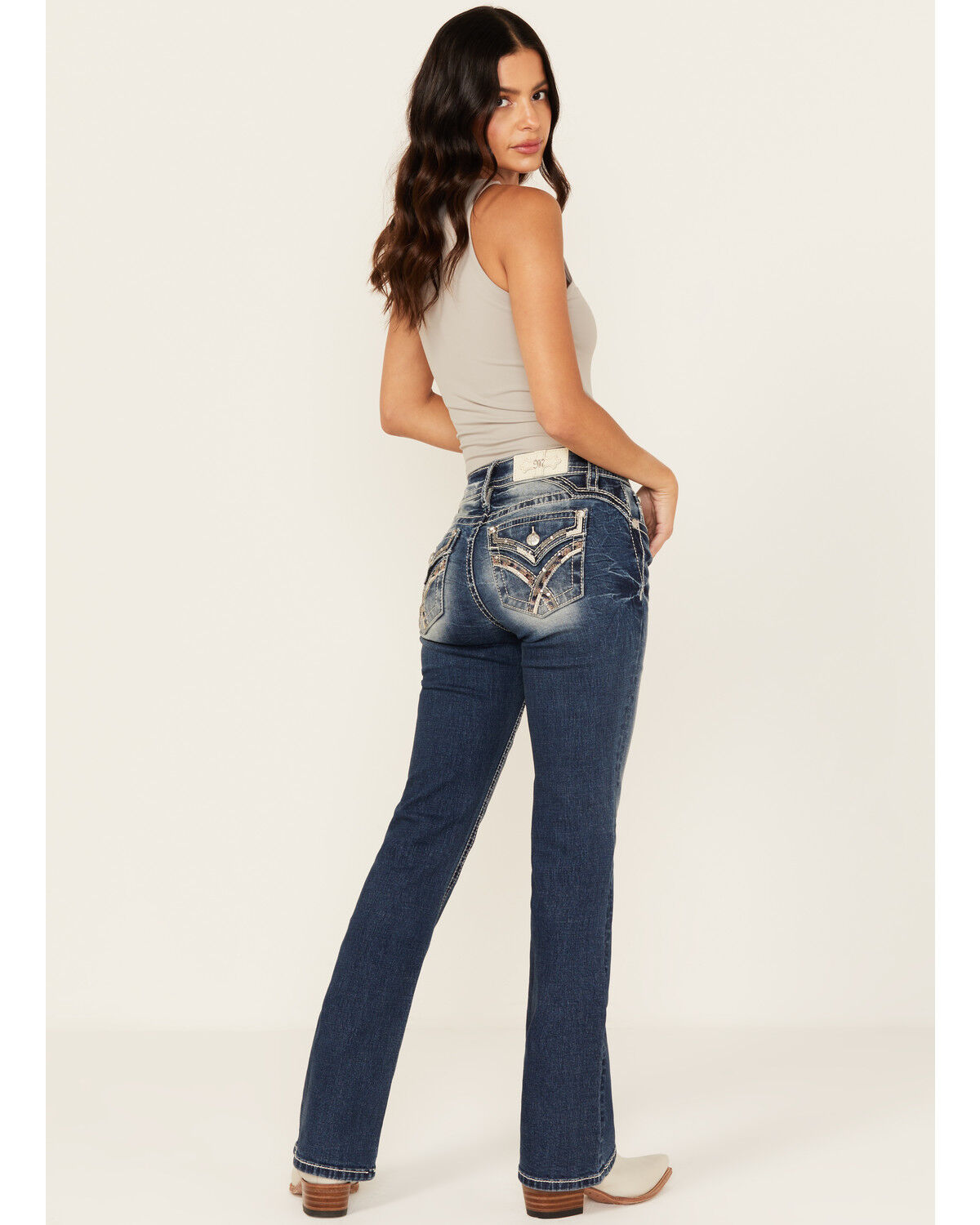 Image #1 - Miss Me Women's Dark Wash Embroidered Bootcut Stretch Denim Jeans, Dark Wash, hi-res