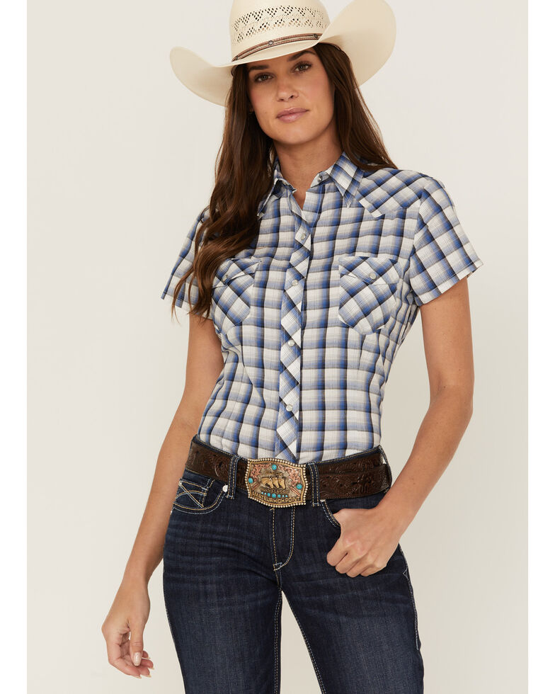 Roper Women's Plaid Print Short Sleeve Western Snap Shirt, Blue, hi-res