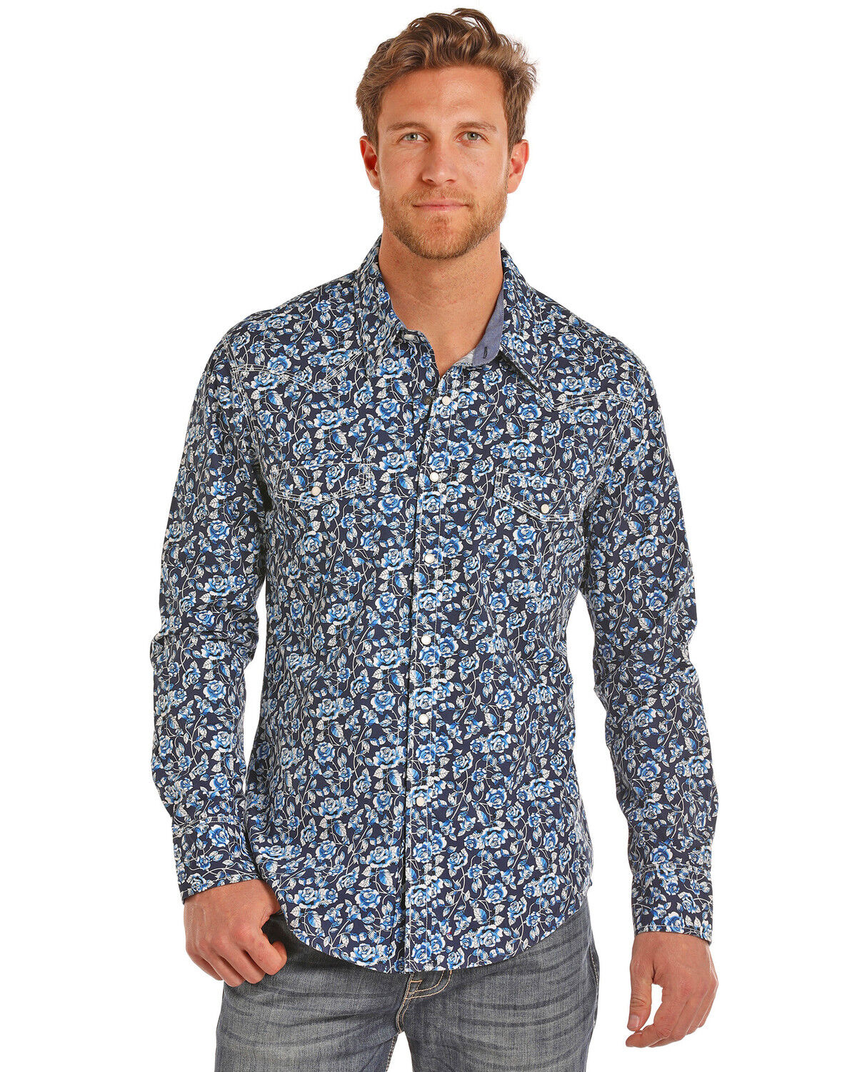 denim and flower mens long sleeve shirt
