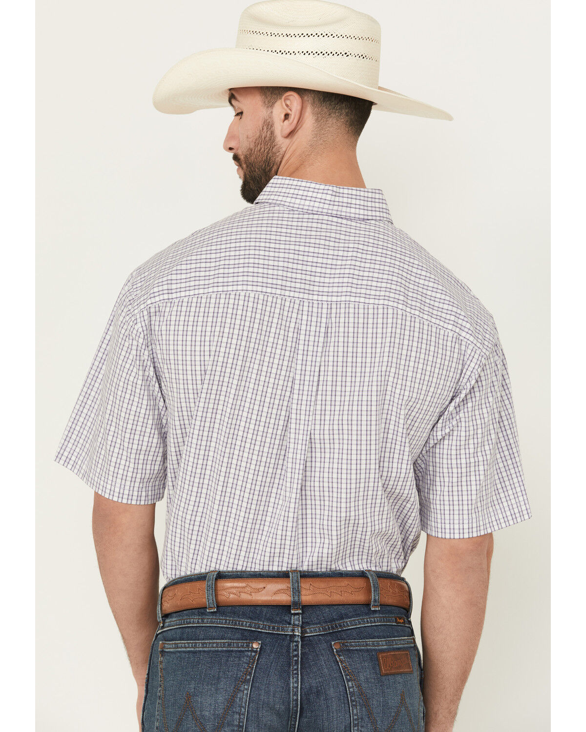 Image #4 - George Strait by Wrangler Men's Plaid Print Short Sleeve Button-Down Stretch Western Shirt, Purple, hi-res