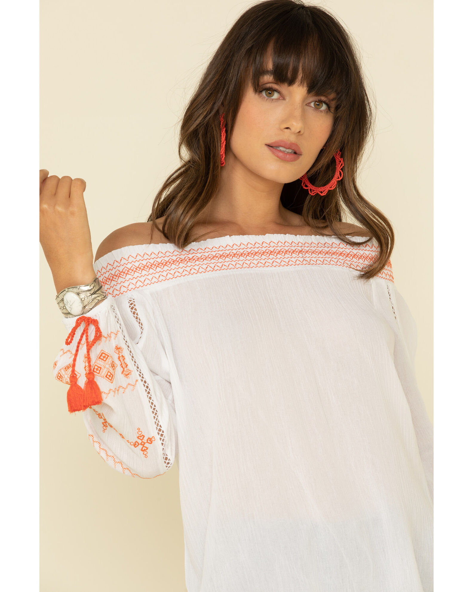 Image #4 - Wrangler Women's Embroidered Tassel Off Shoulder Top, Ivory, hi-res