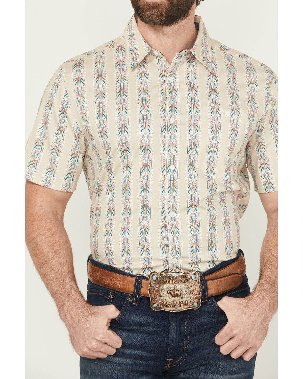 Image #3 - RANK 45® Men's Lone Star Southwestern Short Sleeve Button-Down Stretch Western Shirt, Tan, hi-res