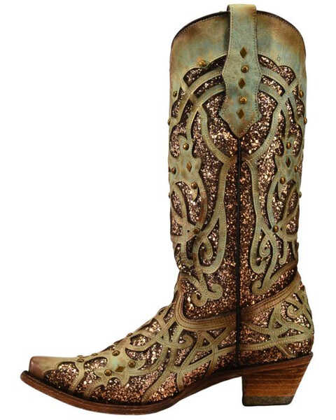 Image #3 - Corral Women's Mint Glitter Inlay Western Boots - Snip Toe , Green, hi-res