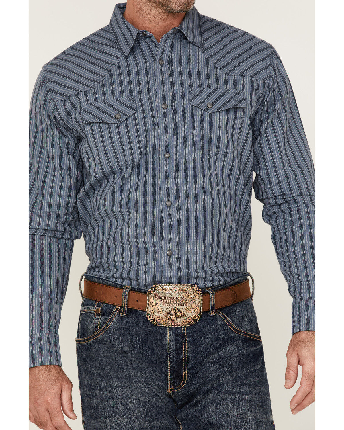 Image #4 - Blue Ranchwear Men's Yarn-Dye Stripe Long Sleeve Snap Western Workshirt, Indigo, hi-res
