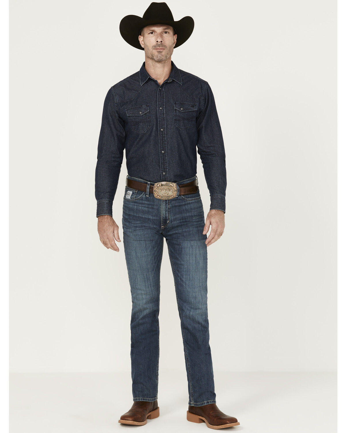 Image #1 - Cinch Men's Silver Label Medium Stonewash Performance Stretch Slim Straight Denim Jeans, Indigo, hi-res