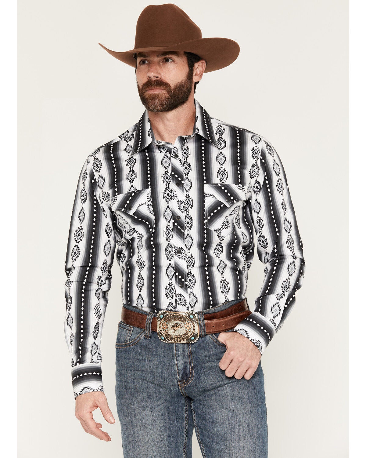 Image #1 - Rock & Roll Denim Men's Southwestern Print Long Sleeve Snap Stretch Western Shirt, Black, hi-res