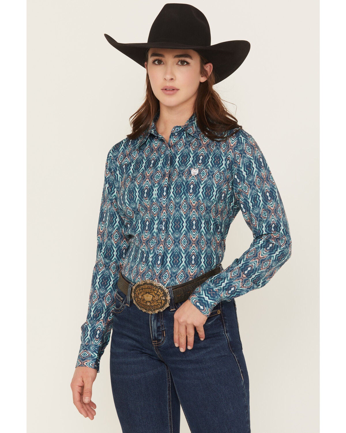 Cinch Women's Southwestern Long Sleeve Button-Down Stretch Western Shirt, Navy, hi-res