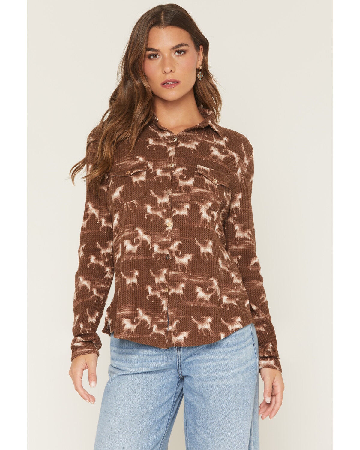 Image #1 - Wild Moss Women's Horse Print Long Sleeve Button-Down Western Shirt, Brown, hi-res