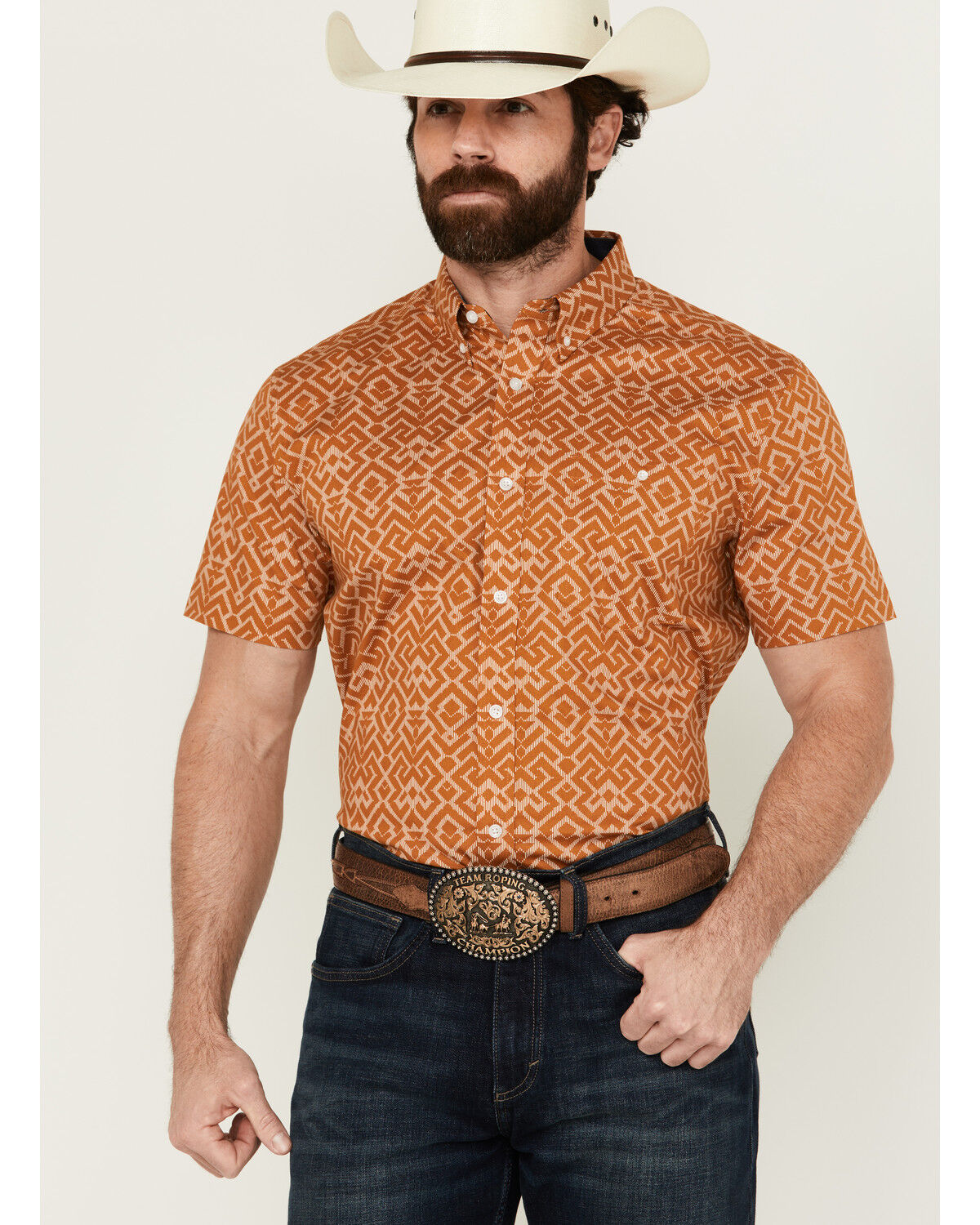 Image #1 - RANK 45® Men's Decker Geo Print Short Sleeve Performance Stretch Button-Down Western Shirt, Gold, hi-res