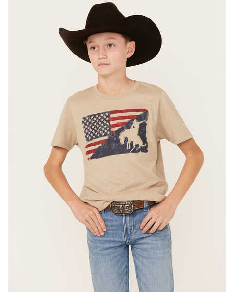 Cody James Boys' Flag Bronc Short Sleeve Graphic T-Shirt , Tan, hi-res