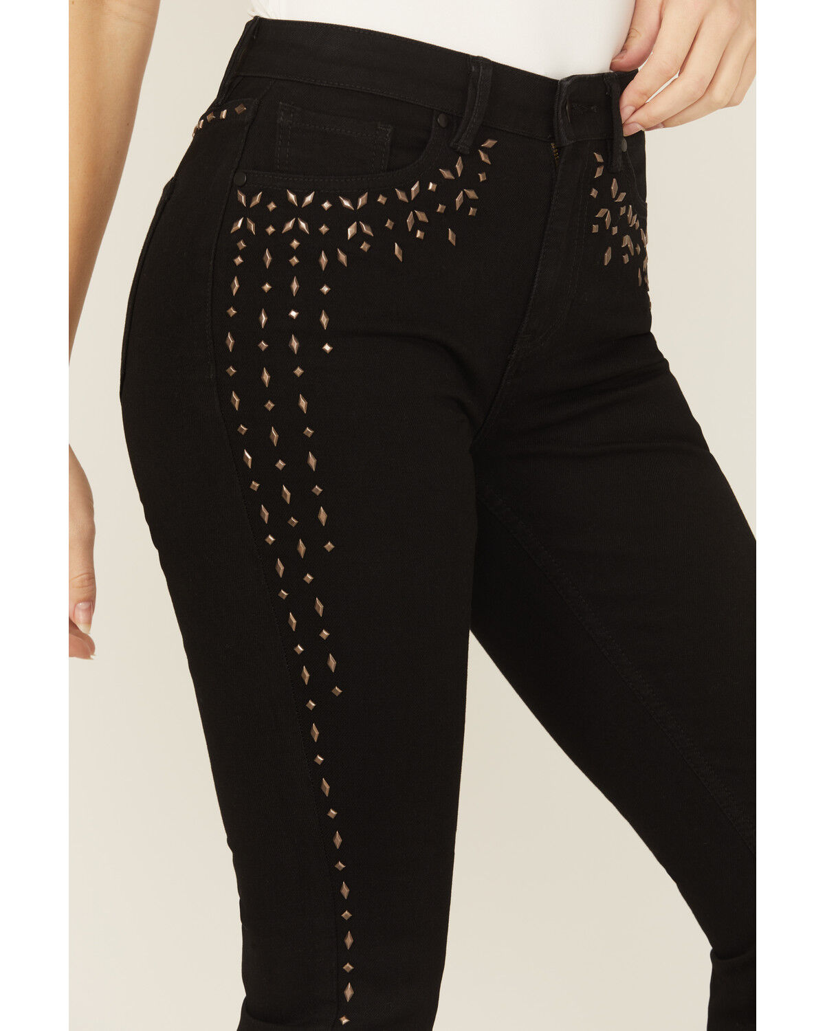 Image #2 - Wonderwest Women's Rigid Like Black Studded High Rise Bootcut Stretch Denim Jeans, Black, hi-res