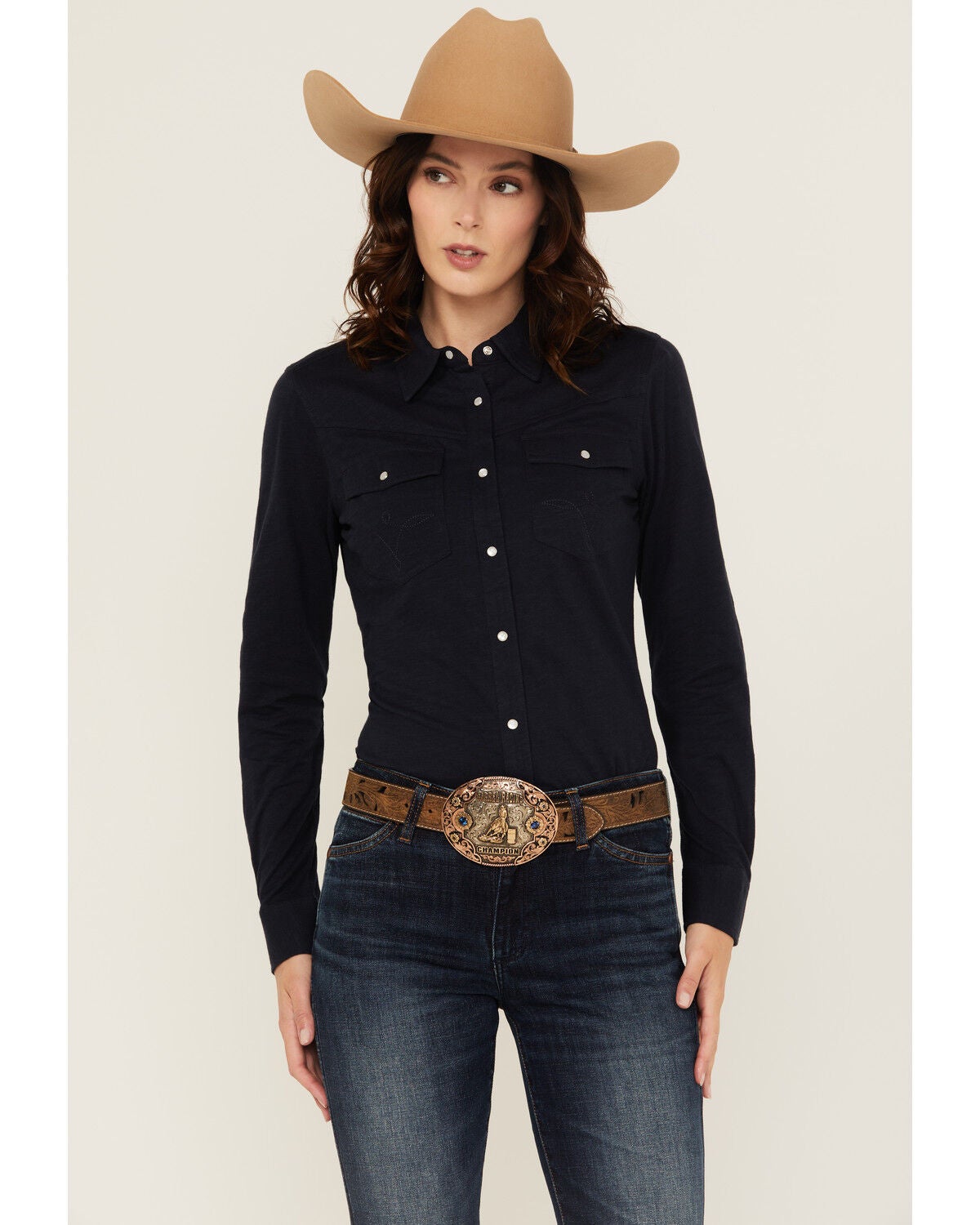 Shyanne Women's Solid Core Long Sleeve Snap Western Shirt, Indigo