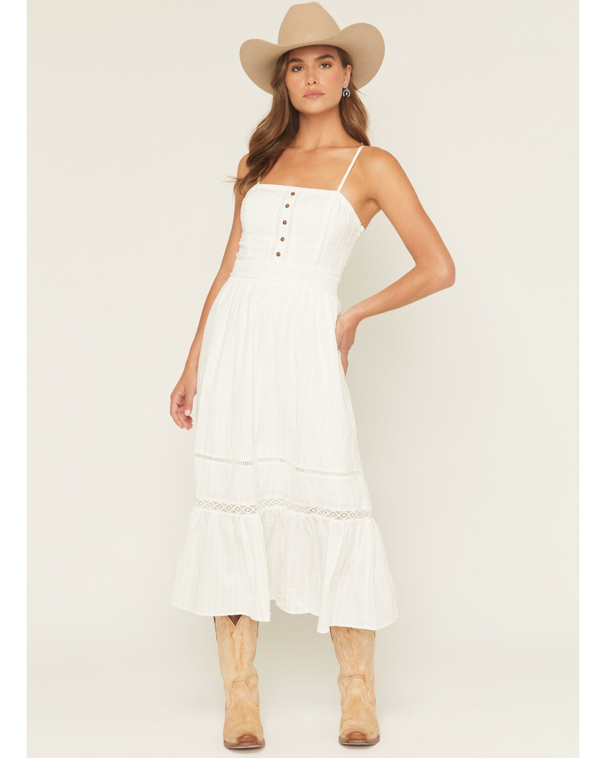 Image #1 - Miss Me Women's Sleeveless Button-Front Eyelet Trim Midi Dress, White, hi-res