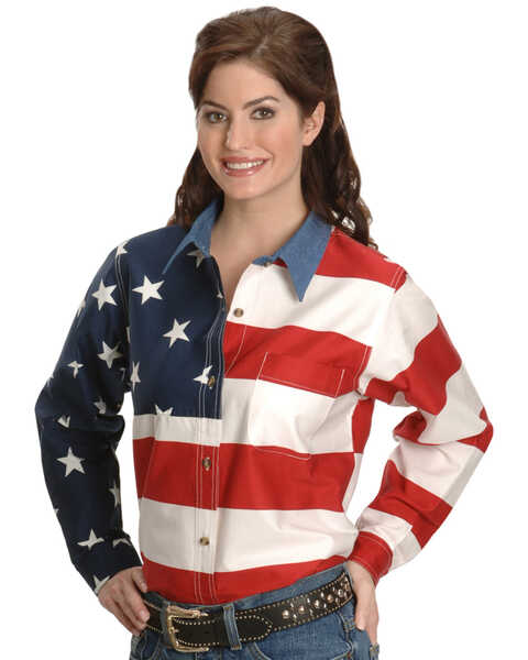Image #1 - Roper Women's Long Sleeve American Flag Shirt - Plus, White, hi-res