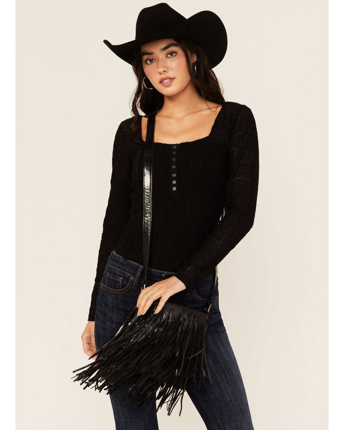 Image #1 - Idyllwind Women's Camarillo Metallic Fringe Suede Crossbody Bag, Black, hi-res