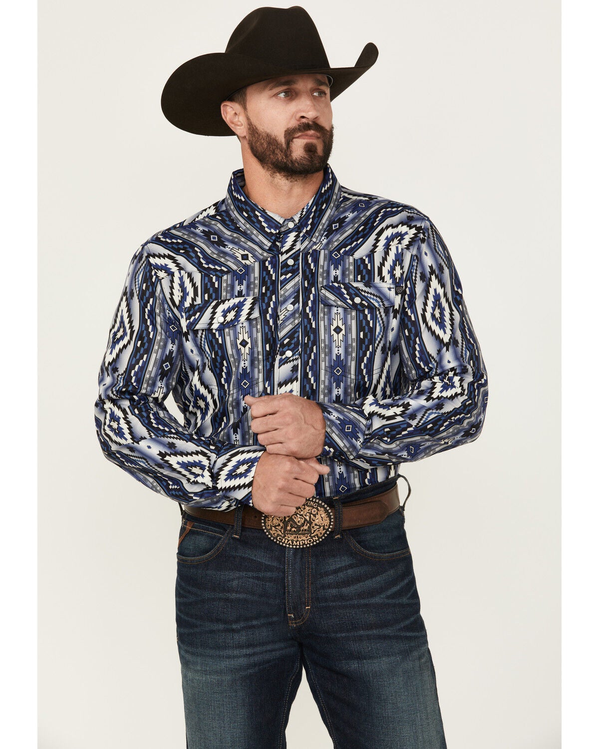 Rock & Roll Denim Men's Tek Southwestern Print Long Sleeve Pearl Snap Western Shirt, Blue, hi-res