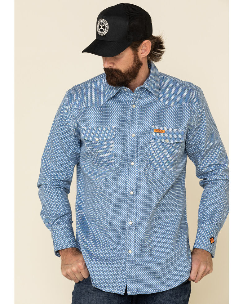 Wrangler FR Men's Blue Small Geo Print Long Sleeve Work Shirt - Big , Blue, hi-res