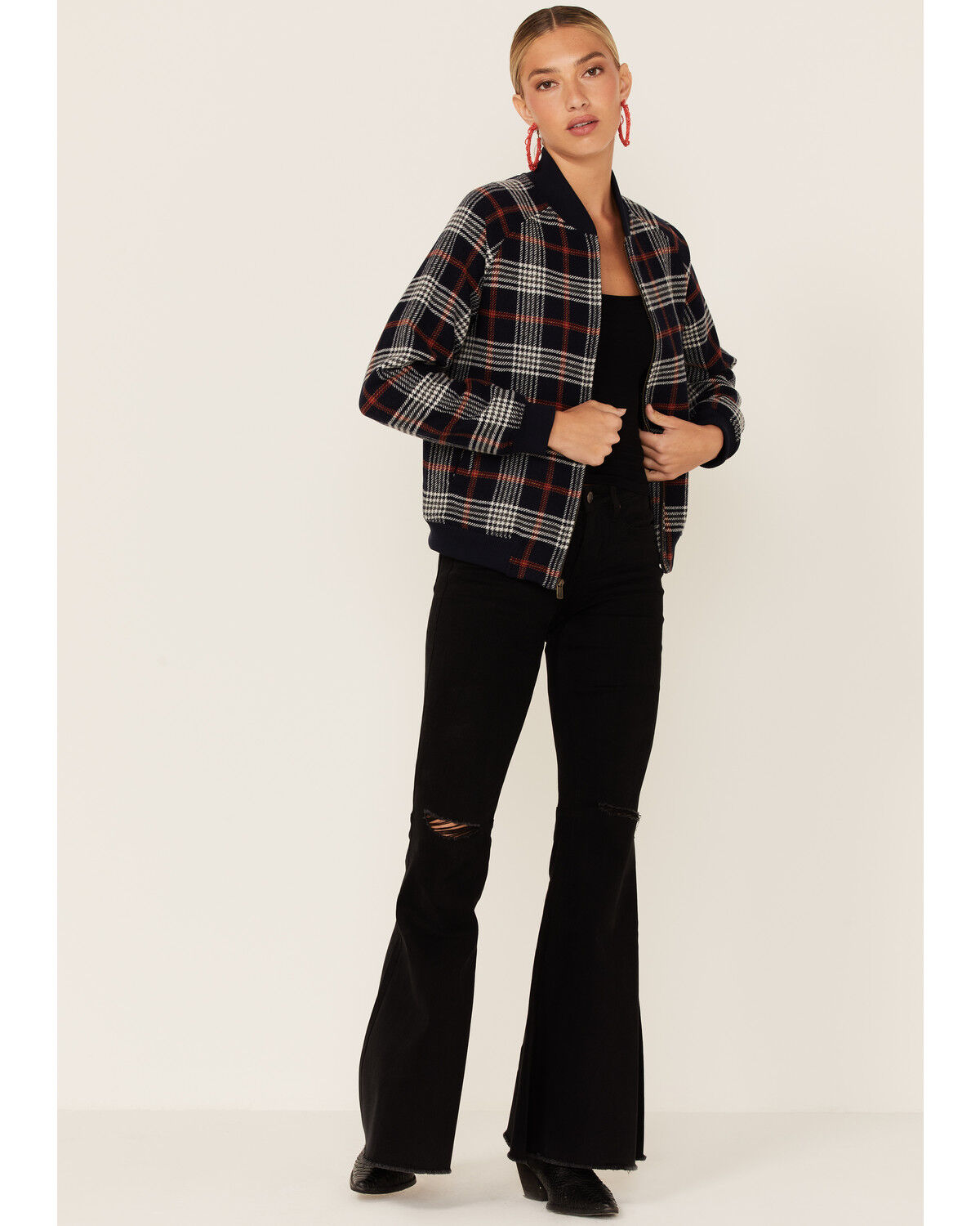 Image #2 - Pendleton Women's Navy & Red Plaid Wool Bomber Jacket, , hi-res