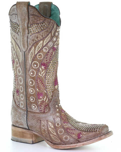 Corral Women's Taupe Flowered Embroidery Western Boots - Square Toe, Taupe, hi-res