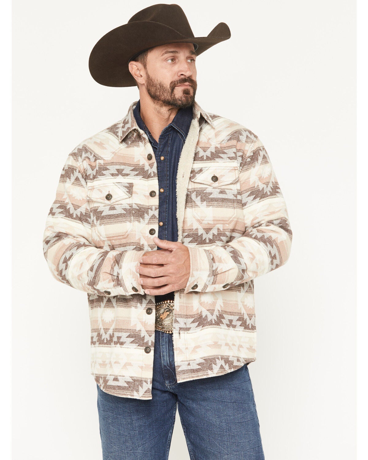 Cody James Men's Emmons Sherpa Lined Southwestern Striped Flannel Shirt Jacket, Tan, hi-res