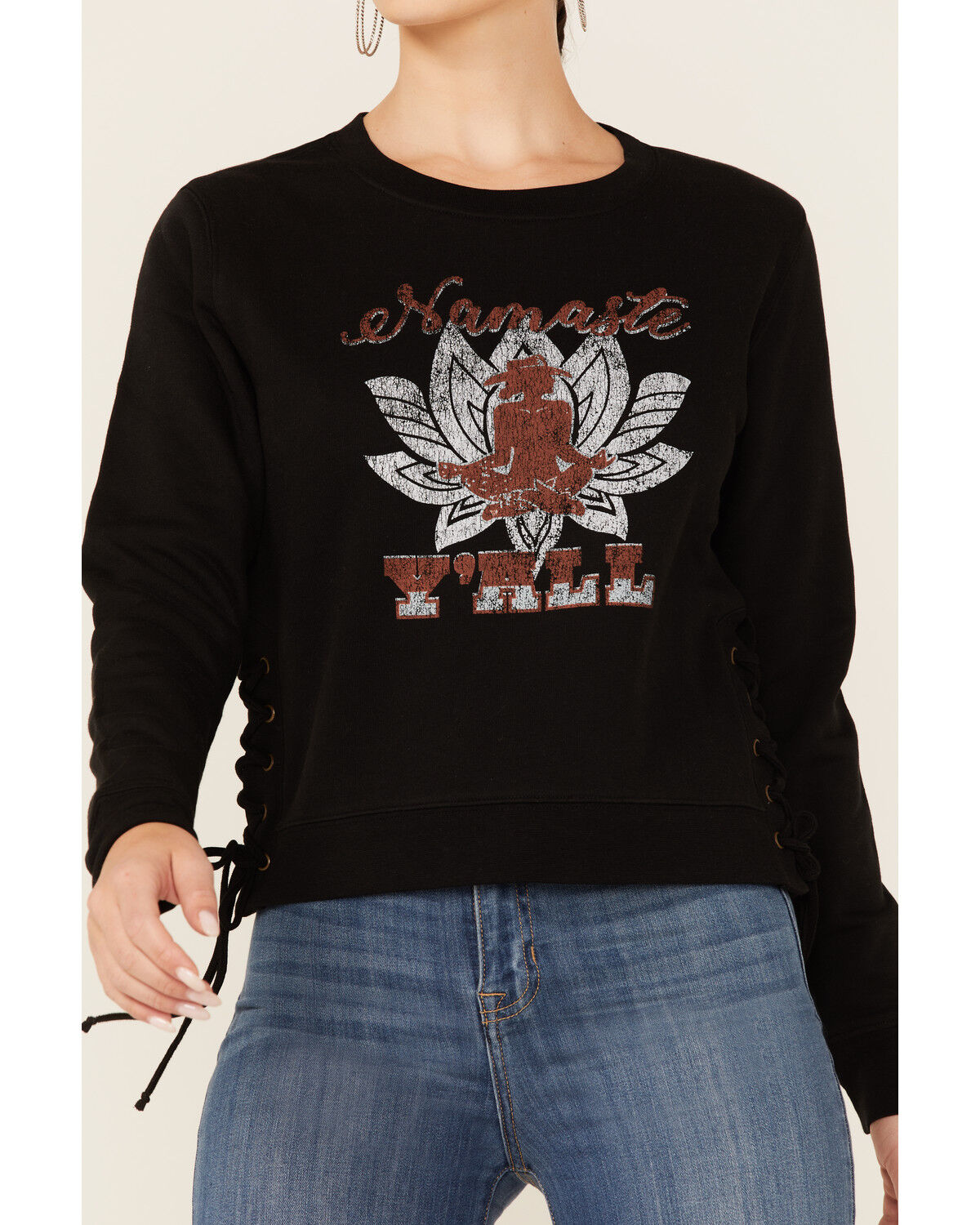 Image #2 - Shyanne Women's Namaste Yall Side Lacing Long Sleeve Graphic Sweatshirt, Black, hi-res