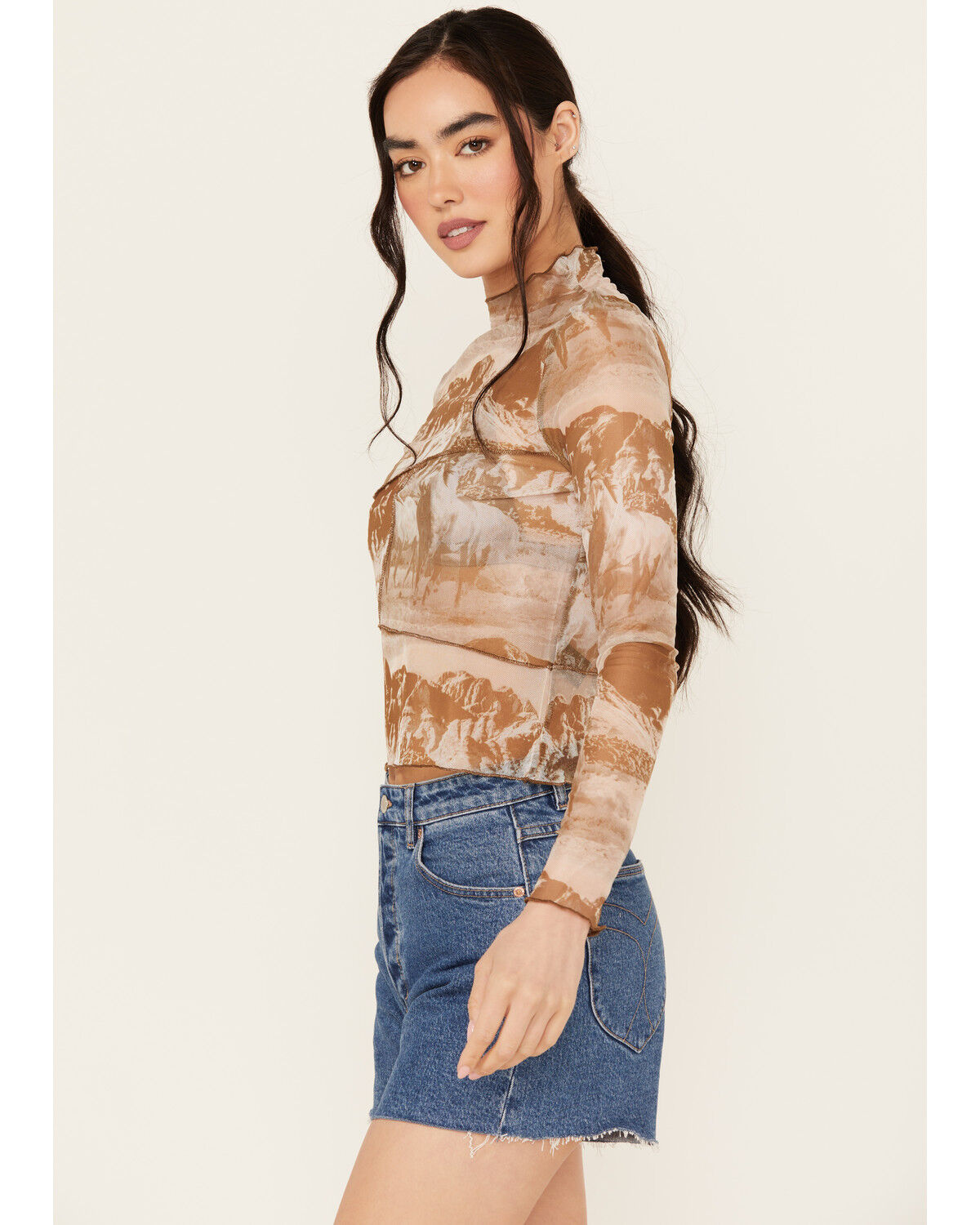 Image #2 - Rock & Roll Denim Women's Boot Barn Exclusive Printed Long Sleeve Mesh Top, Taupe, hi-res