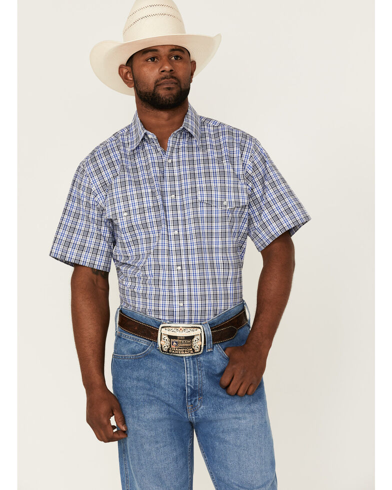 Wrangler Men's Wrinkle Resist Blue Plaid Short Sleeve Snap Western Shirt , Blue, hi-res