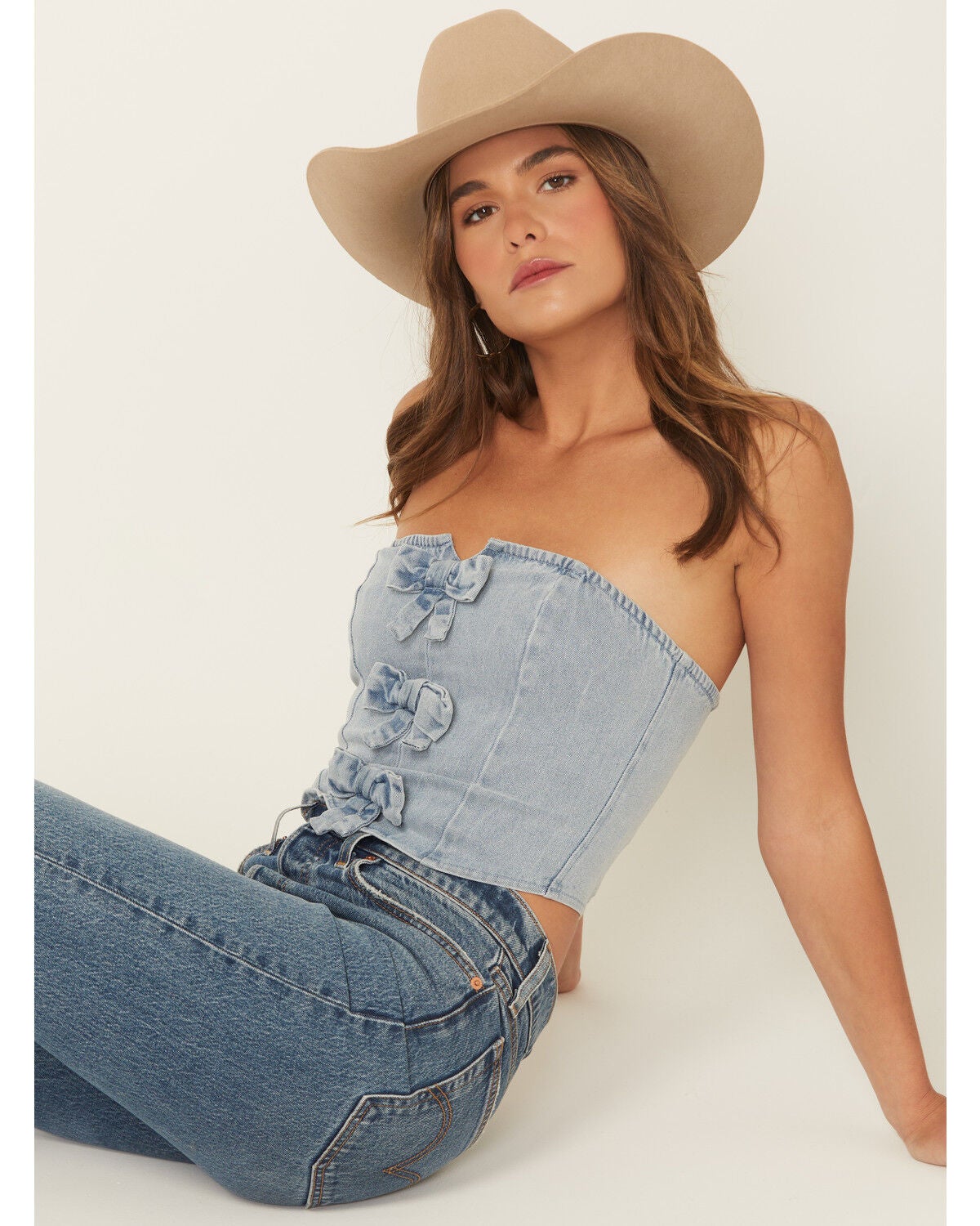 Blue B Women's Bow Tie Denim Bustier, Light Wash, hi-res