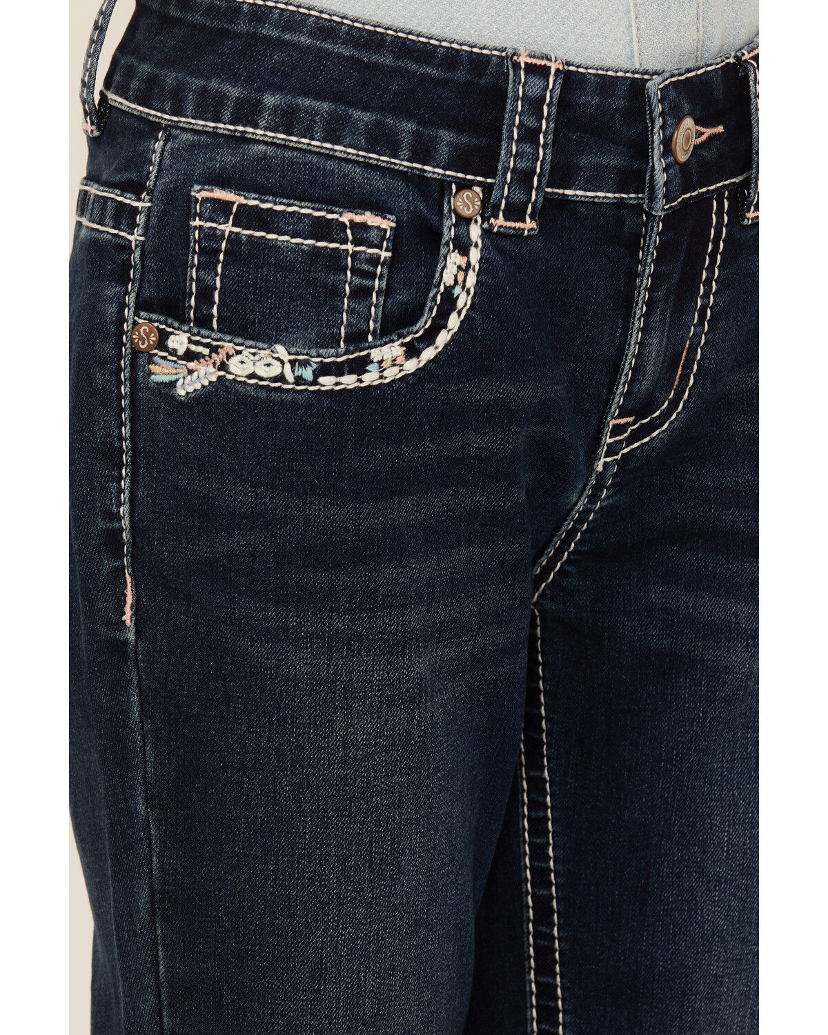 Image #4 - Shyanne Girls' Southwestern Floral Border Pocket Stretch Bootcut Jeans, Blue, hi-res