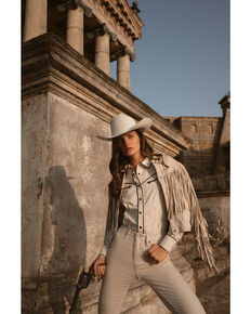 Understated Leather Women's Natural Mustang Fringe Snap-Front Leather Jacket , Natural, hi-res