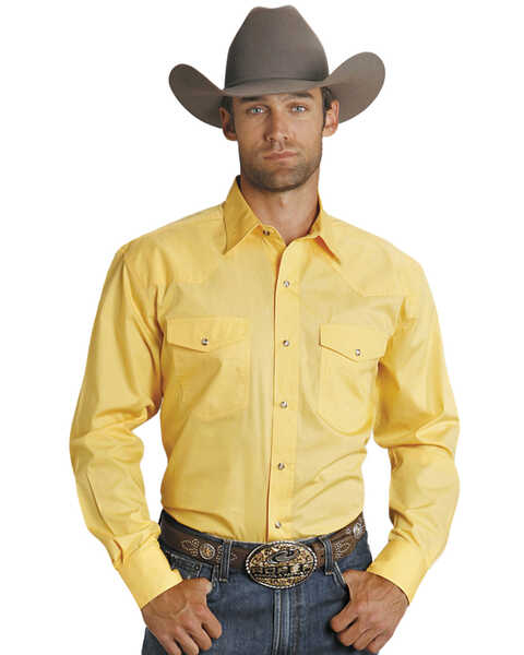 Roper Men's Amarillo Collection Solid Long Sleeve Western Shirt, Yellow, hi-res