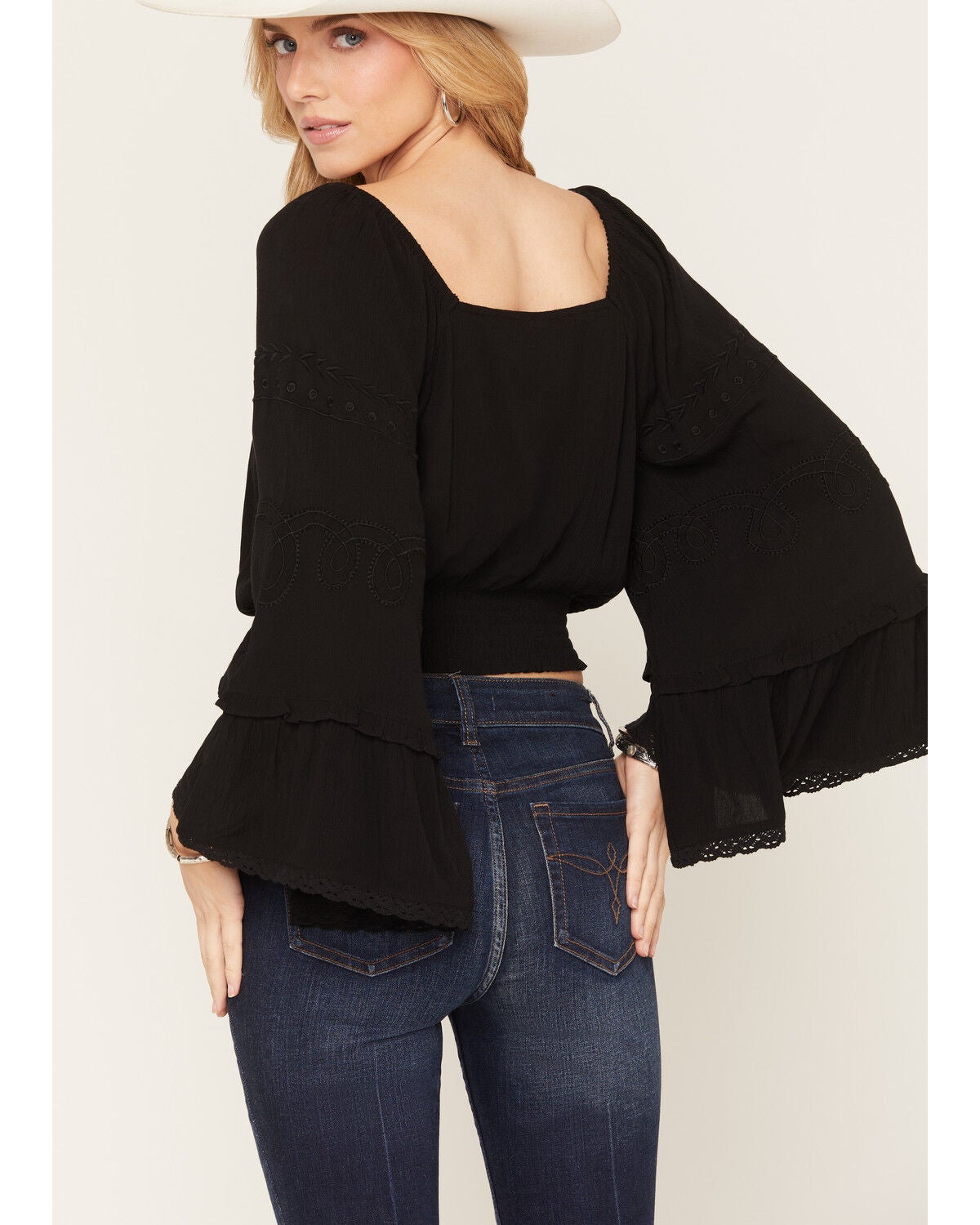 Image #4 - Shyanne Women's Pearl 3/4 Sleeve Smocked Waist Top, Black, hi-res