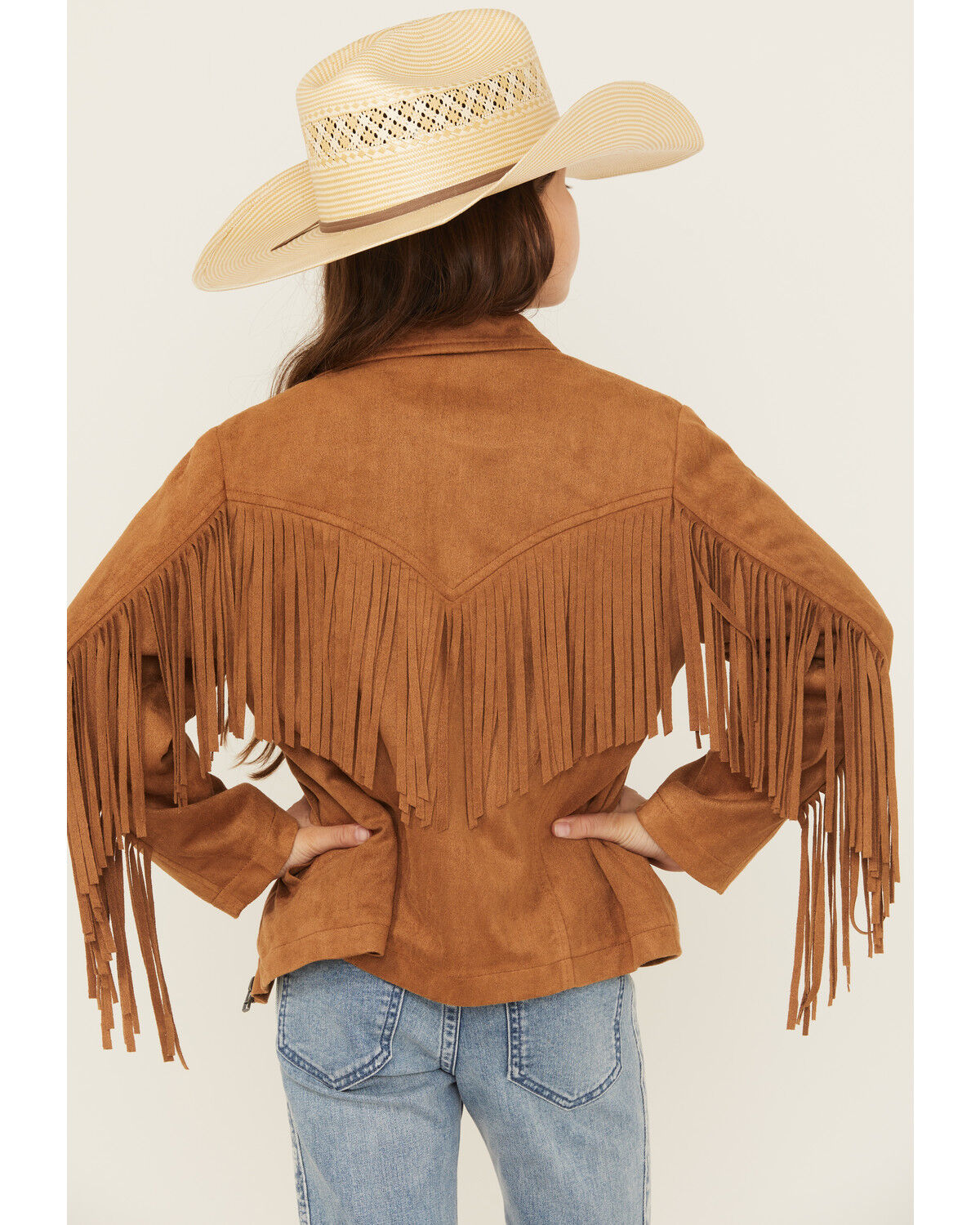 Image #4 - Fornia Girls' Solid Fringe Faux Suede Zip-Up Jacket, Camel, hi-res