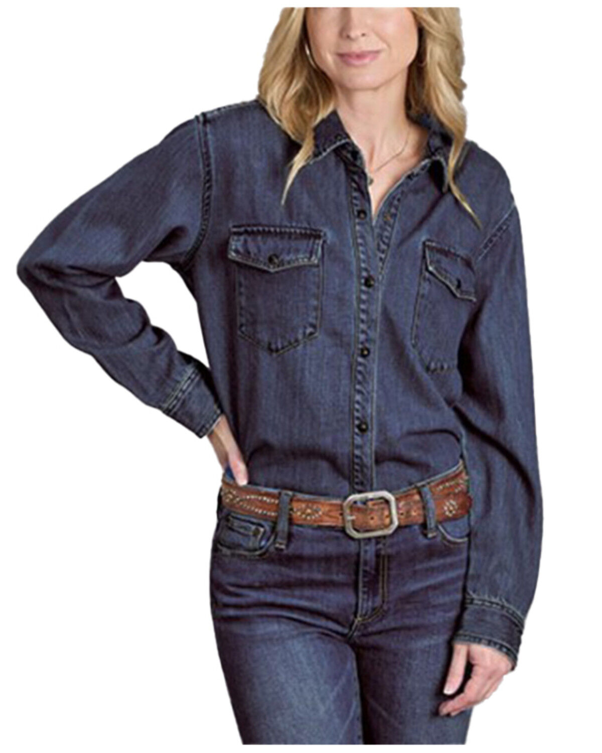Image #1 - Stetson Women's Dark Wash Denim Long Sleeve Snap Western Shirt, Dark Wash, hi-res