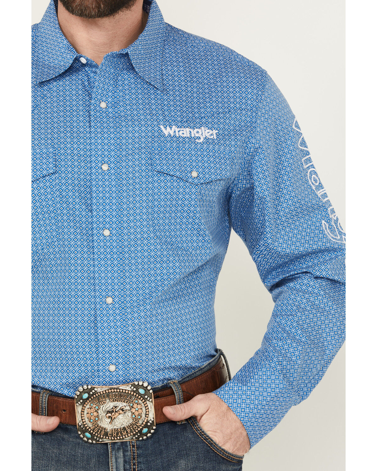 Image #3 - Wrangler Men's Geo Print Logo Long Sleeve Snap Western Shirt, Blue, hi-res