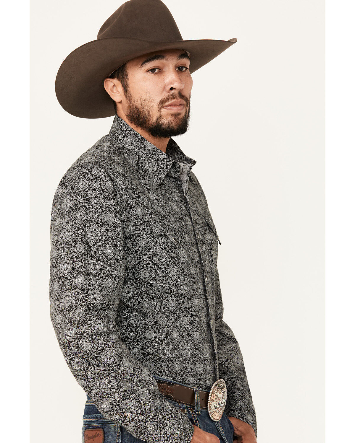 Image #2 - Stetson Men's Medallion Print Long Sleeve Snap Western Shirt, Black, hi-res