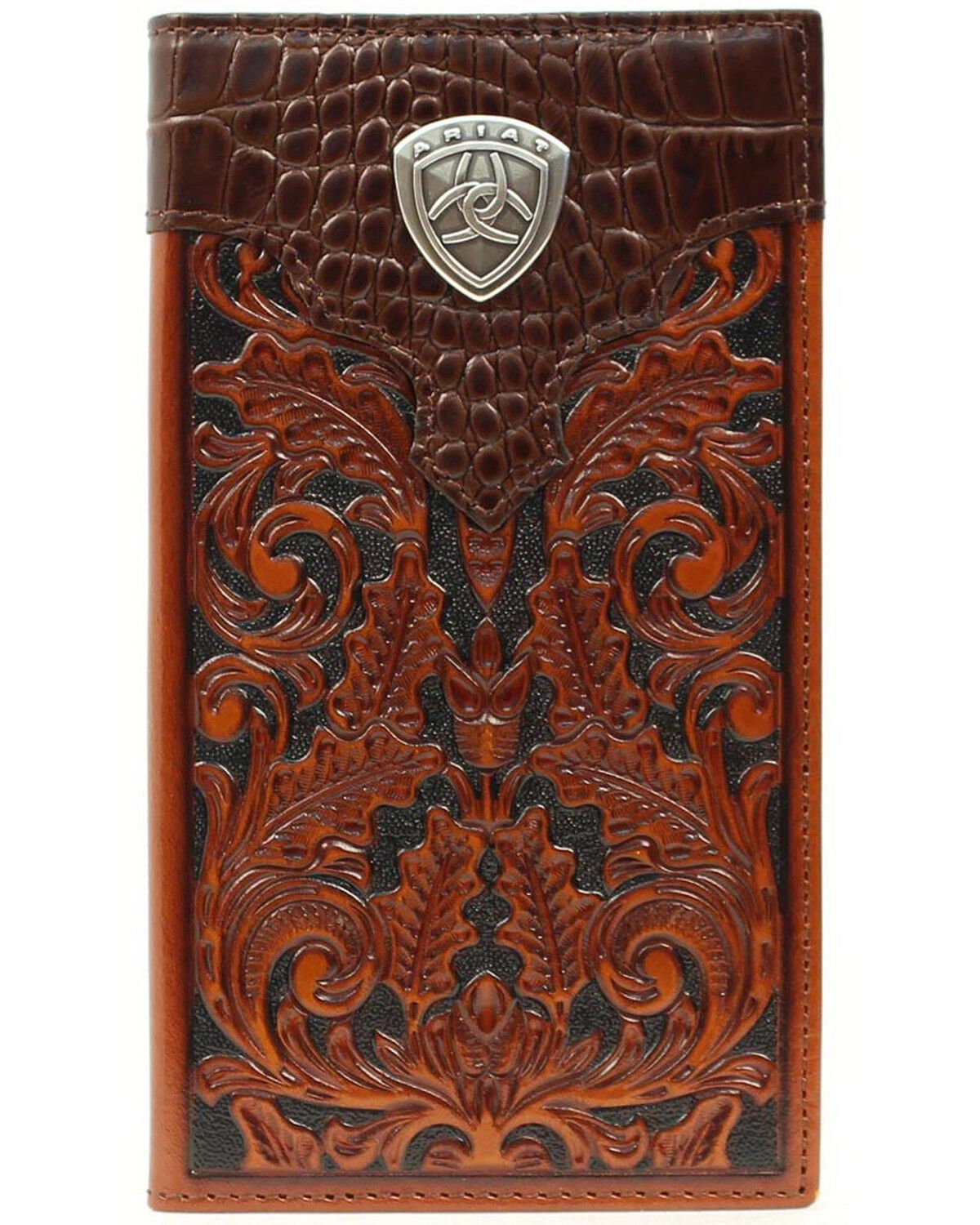 Image #1 - Ariat Men's Croc Print Overlay Tooled Rodeo Wallet, Tan, hi-res