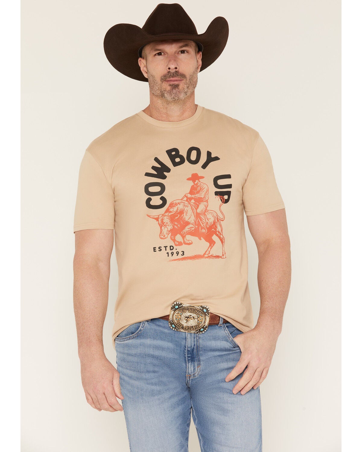 Cowboy Up Men's By The Horns Short Sleeve Graphic T-Shirt, Sand, hi-res