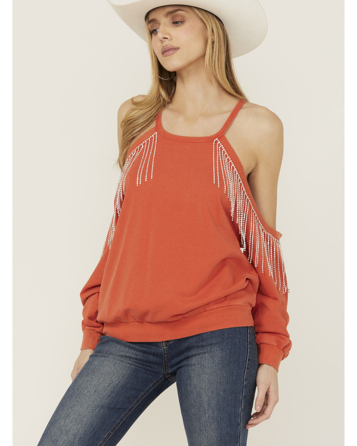Image #1 - Blue B Women's Rhinestone Fringe Cold Shoulder Sweatshirt, Orange, hi-res
