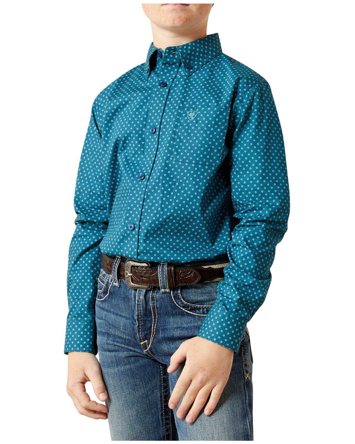 Ariat Boys' Tyce Geo Print Long Sleeve Button-Down Western Shirt, Blue, hi-res