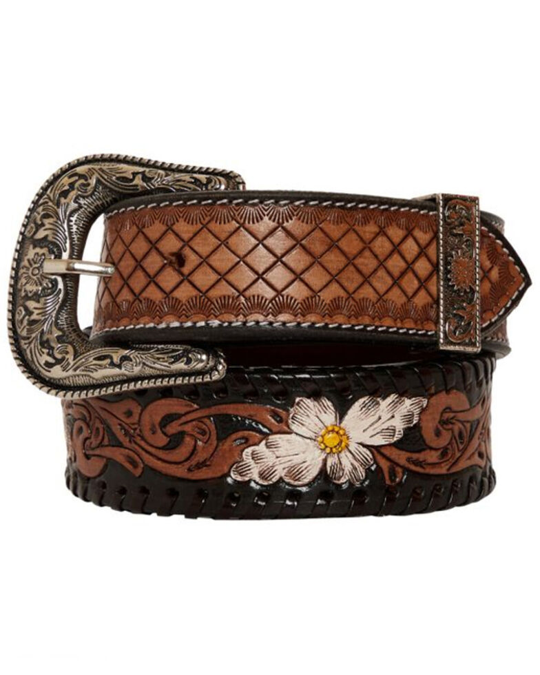 Myra Bag Women's Checkered Brown Hand Tooled Leather Belt, Brown, hi-res