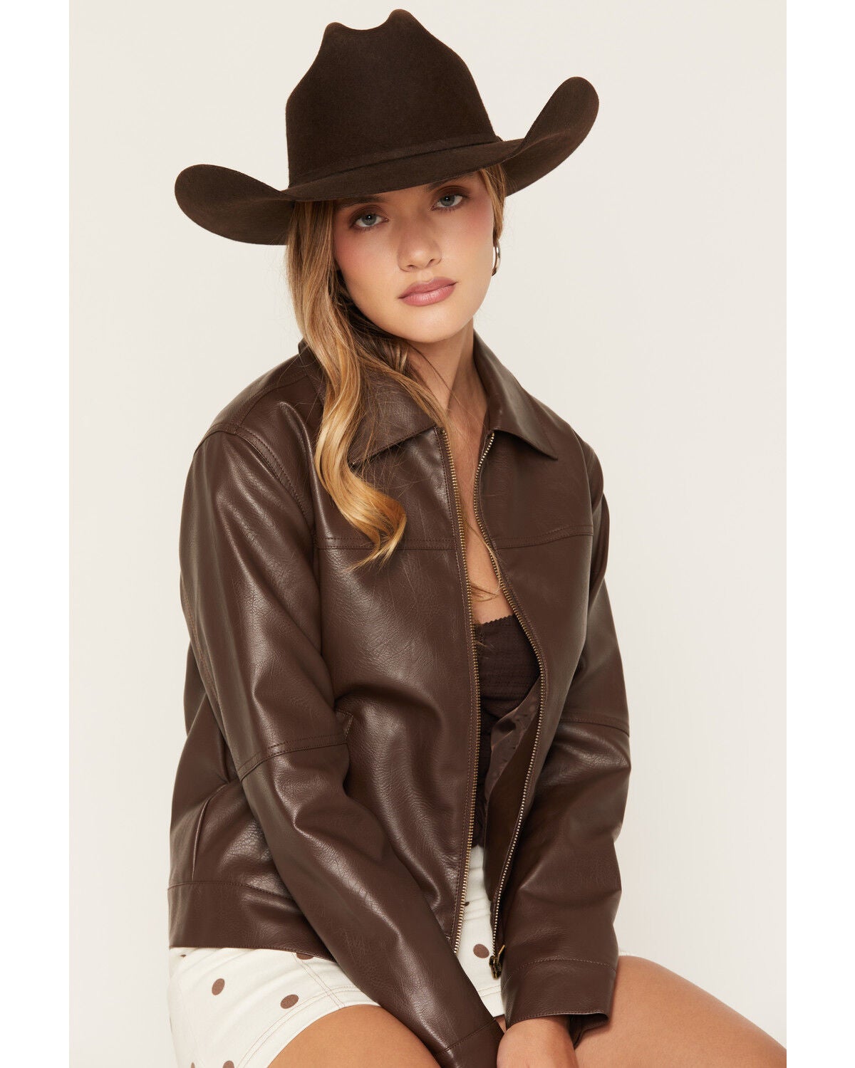Stoosh Women's Faux Leather Zip Front Jacket, Brown, hi-res