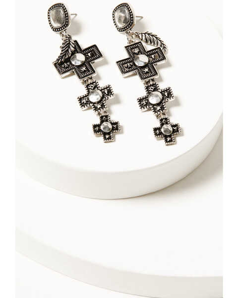 Shyanne Women's Southwestern Antique Stacked Cross Earrings , Silver, hi-res