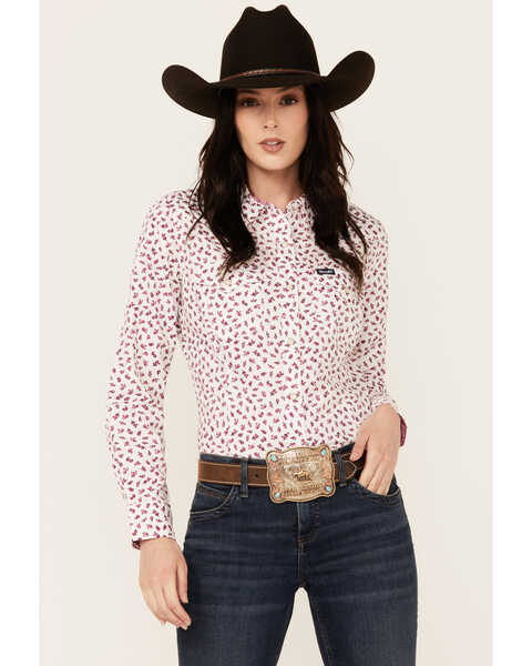 Wrangler Retro Women's Floral Print Long Sleeve Snap Western Shirt , White, hi-res