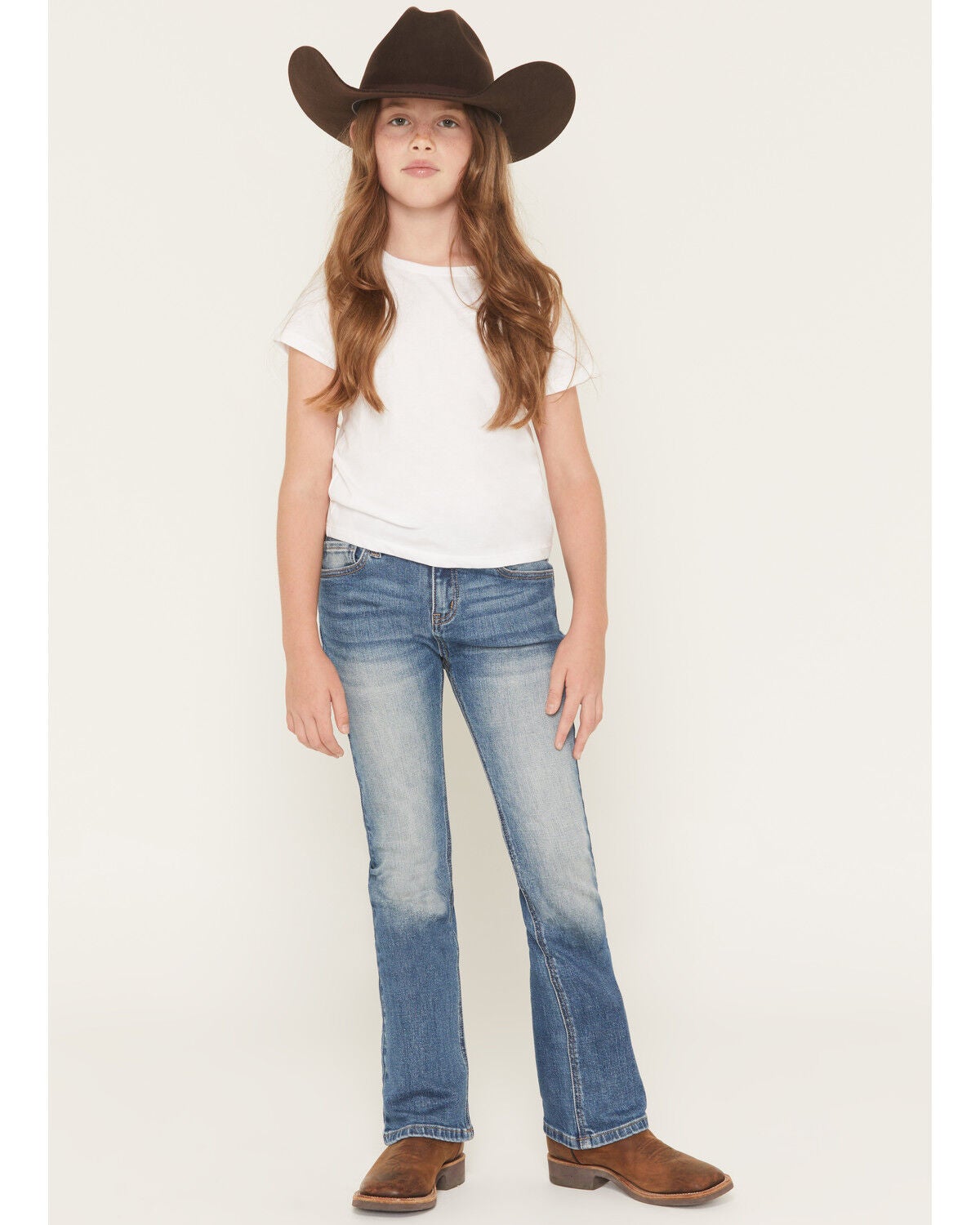 Image #3 - Shyanne Little Girls' Rome Dark Wash Embellished Pocket Bootcut Stretch Denim Jeans, Dark Wash, hi-res